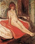 Edvard Munch The Gril sitting on the red quilt painting